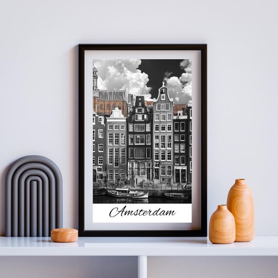 Amsterdam Black And White Canal Houses Travel Photography Art Print