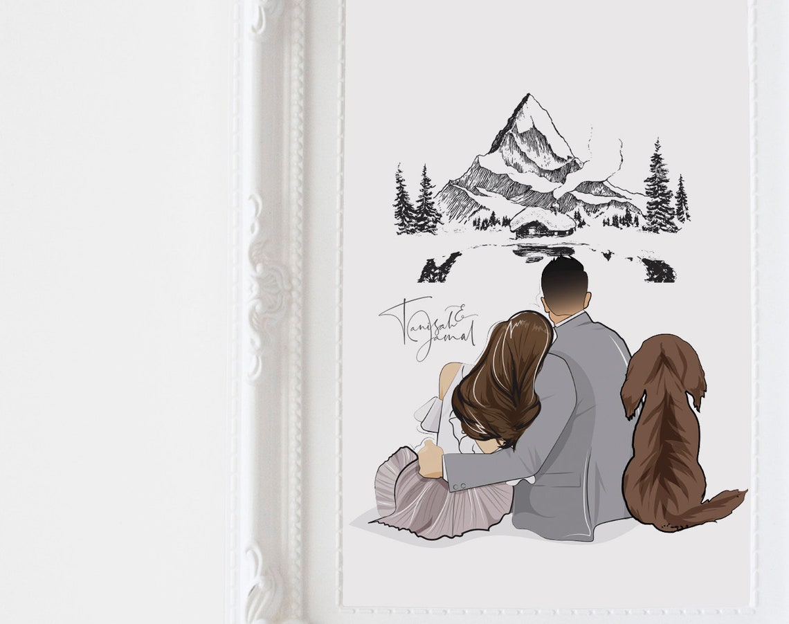 Personalized Couple and Dog Mountain Cabin Scene Illustration Poster