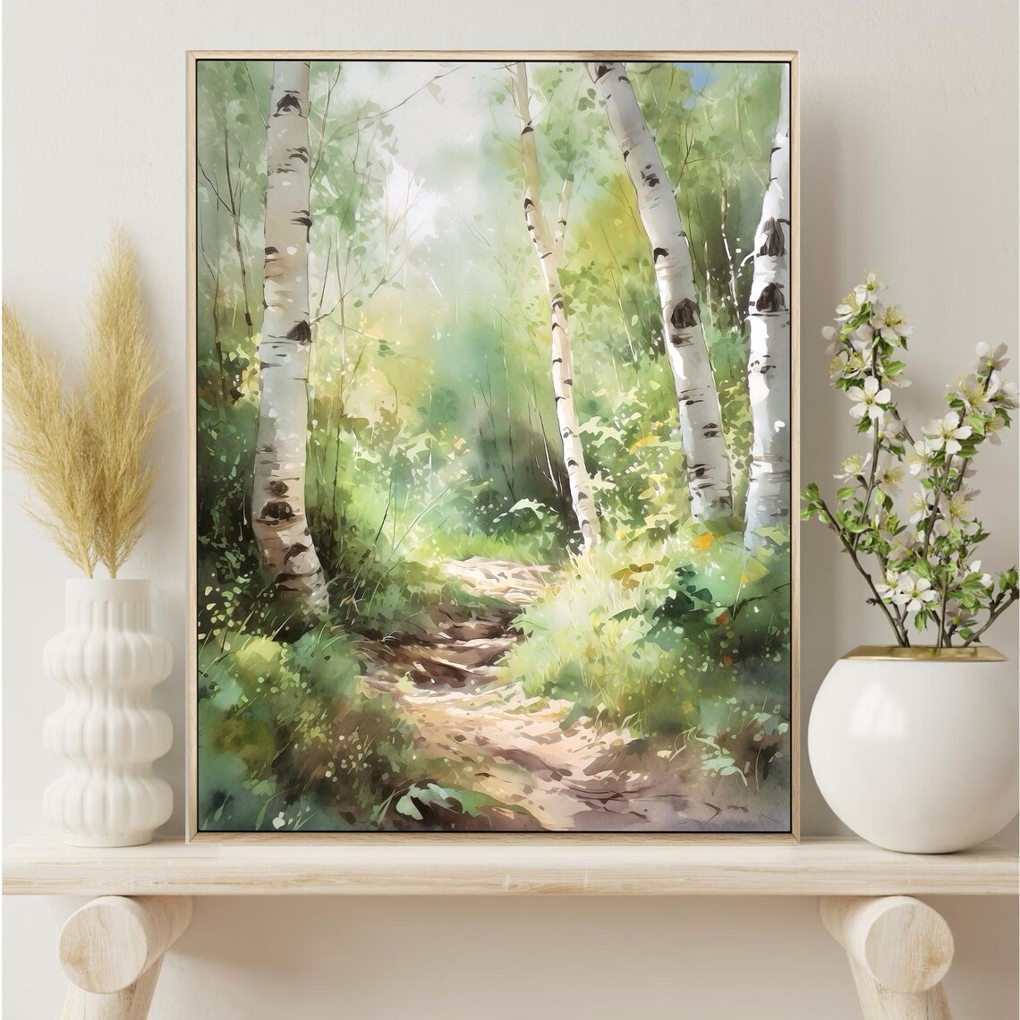 Sunlit Birch Tree Woodland Path Green Watercolor Nature Poster - Image 3