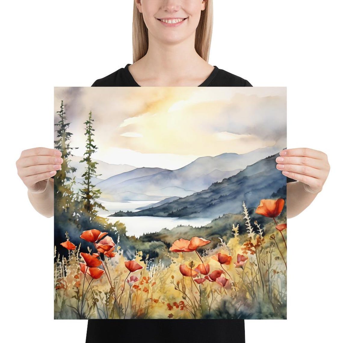 Orange Poppies and Pine Trees Over Mountain Lake Watercolor Poster - Image 5