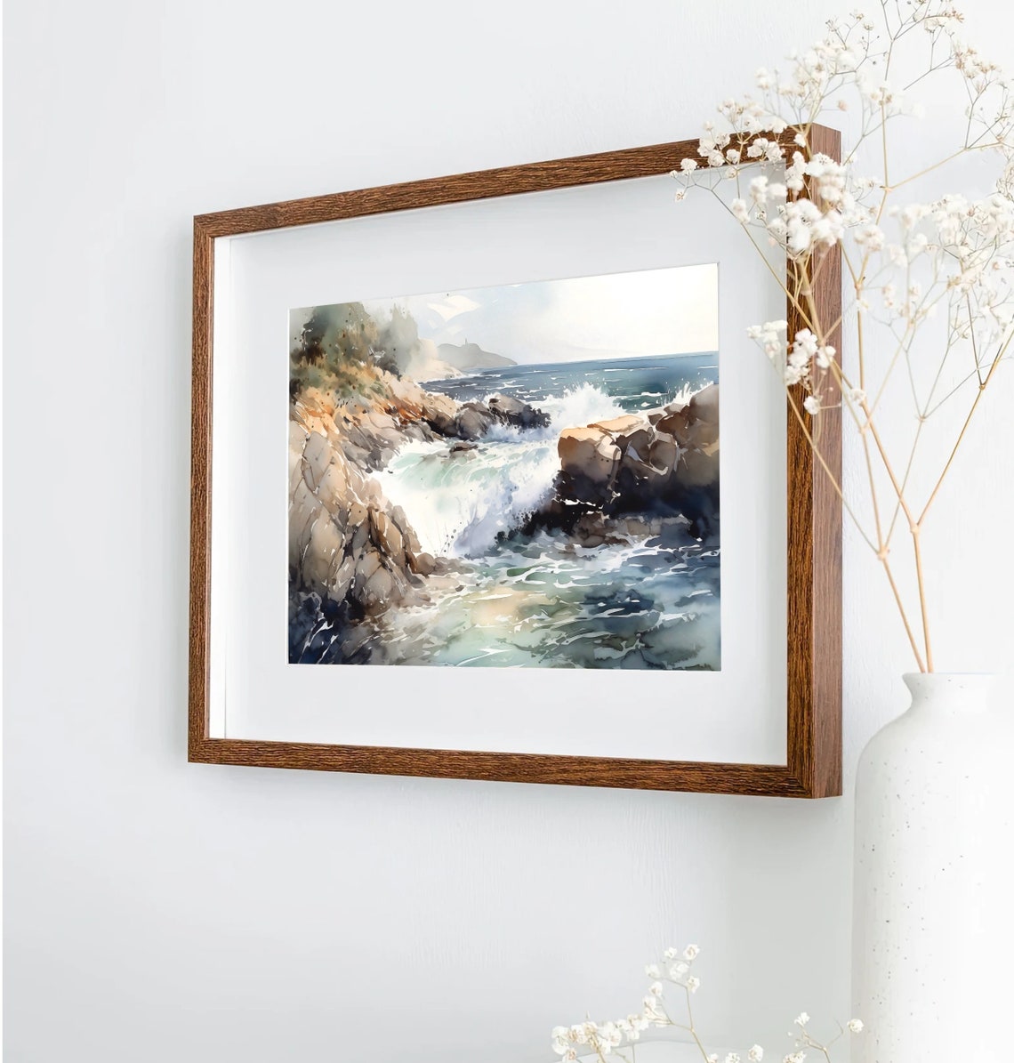 Rocky Shoreline Crashing Waves Ocean Watercolor Seascape Poster - Image 4