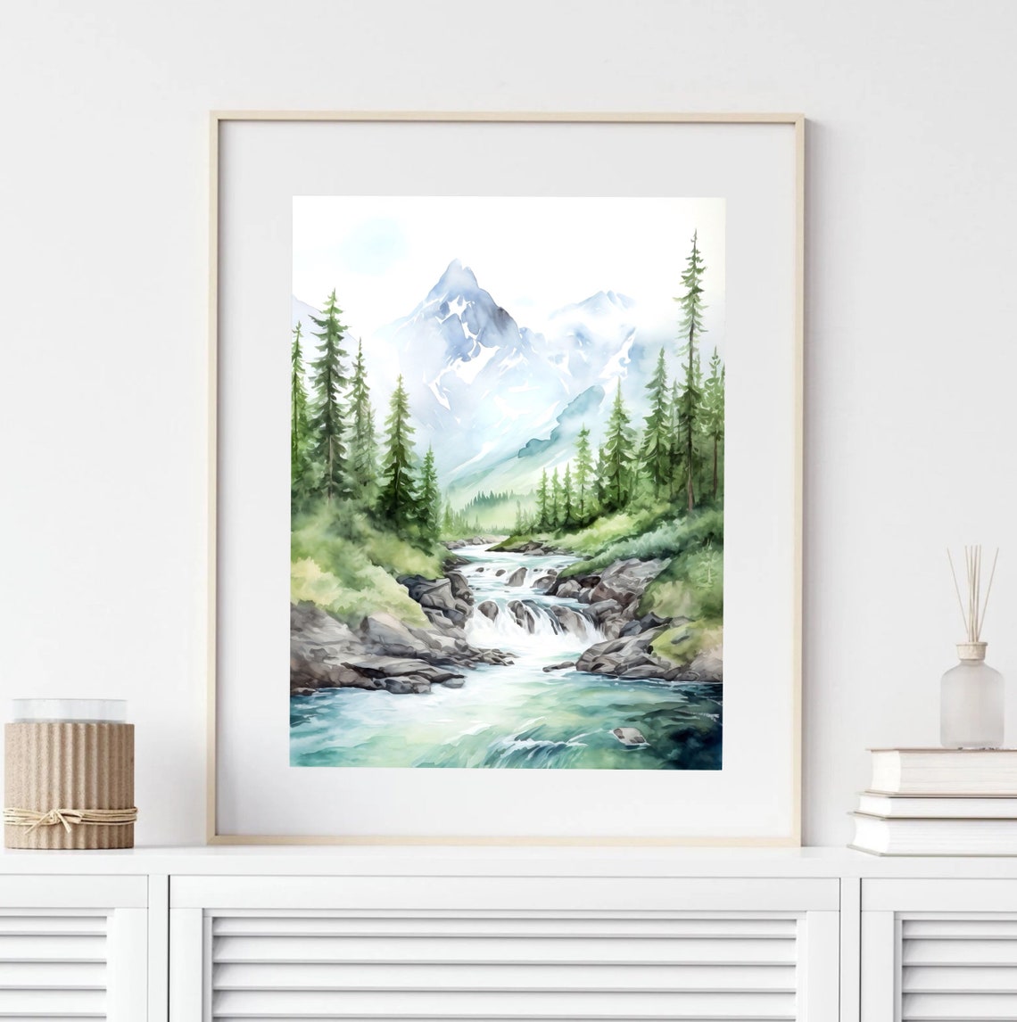 Misty Snow Capped Alpine Peak Forest River Watercolor Scenery Poster - Image 5