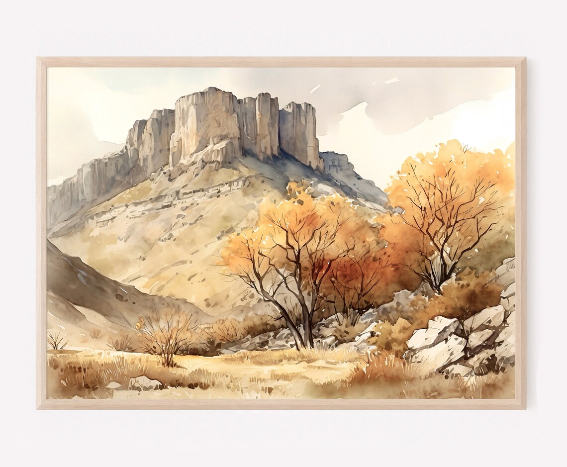 El Capitan Cliff Autumn Trees Golden Meadow Watercolor Desert Poster