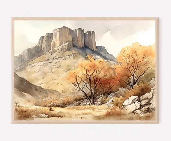 El Capitan Cliff Autumn Trees Golden Meadow Watercolor Desert Poster
