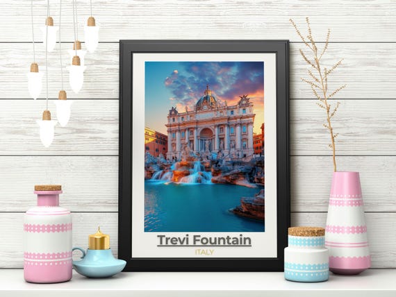 Trevi Fountain Travel Poster Vintage Italy Wall Art