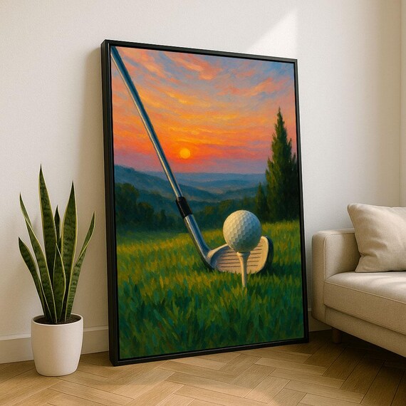 Vibrant Sunset Golf Course Club And Ball Impressionist Green Poster