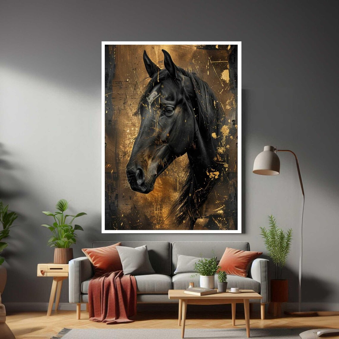 Black Horse Gold Splatter Artistic Portrait Dark Equine Luxury Poster
