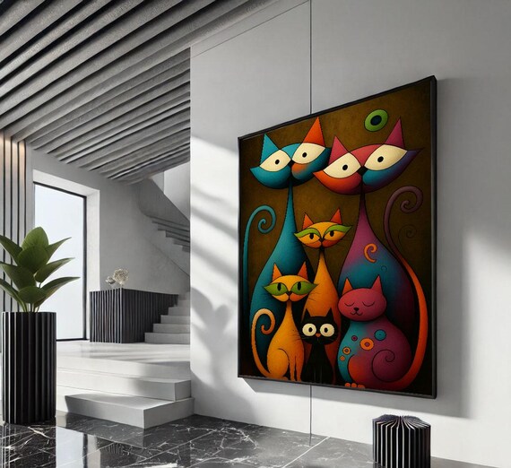 Whimsical Colorful Cat Family Fun Folk Art Whimsy Style Poster
