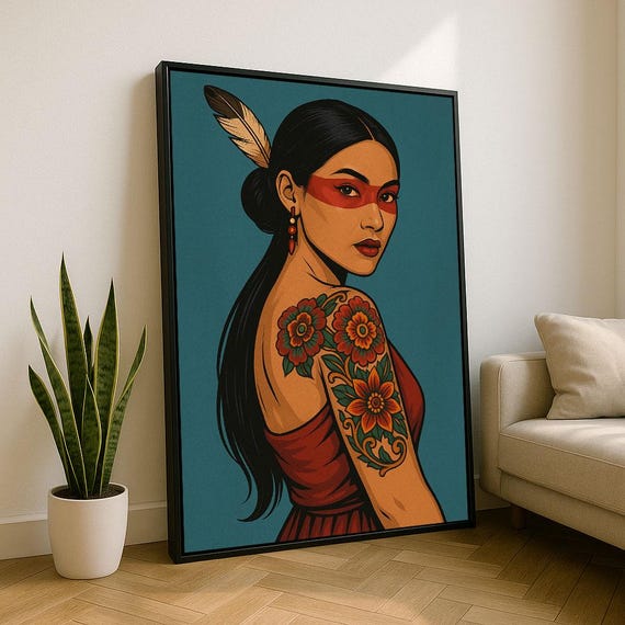 Bold Indigenous Woman Portrait Canvas Wall Art Print Colorful Living Room Decor Statement Piece