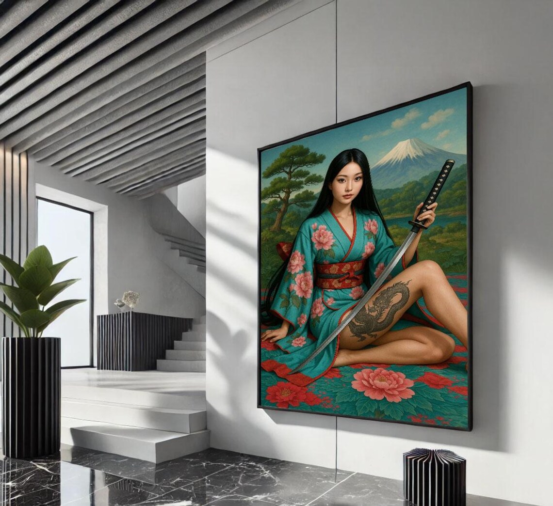 Graceful Japanese Woman In Kimono With Katana And Mount Fuji Poster