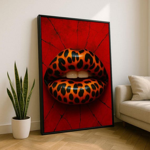 Bold Leopard Print Lips Canvas Wall Art Red Living Room Decor Statement Piece