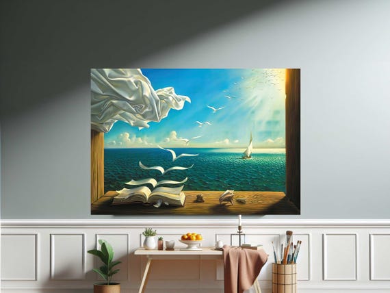 Salvador Dali Book To Birds Reproduction Framed Modern Canvas Wall Art Print Ready Hang Gift For Office Home Mom