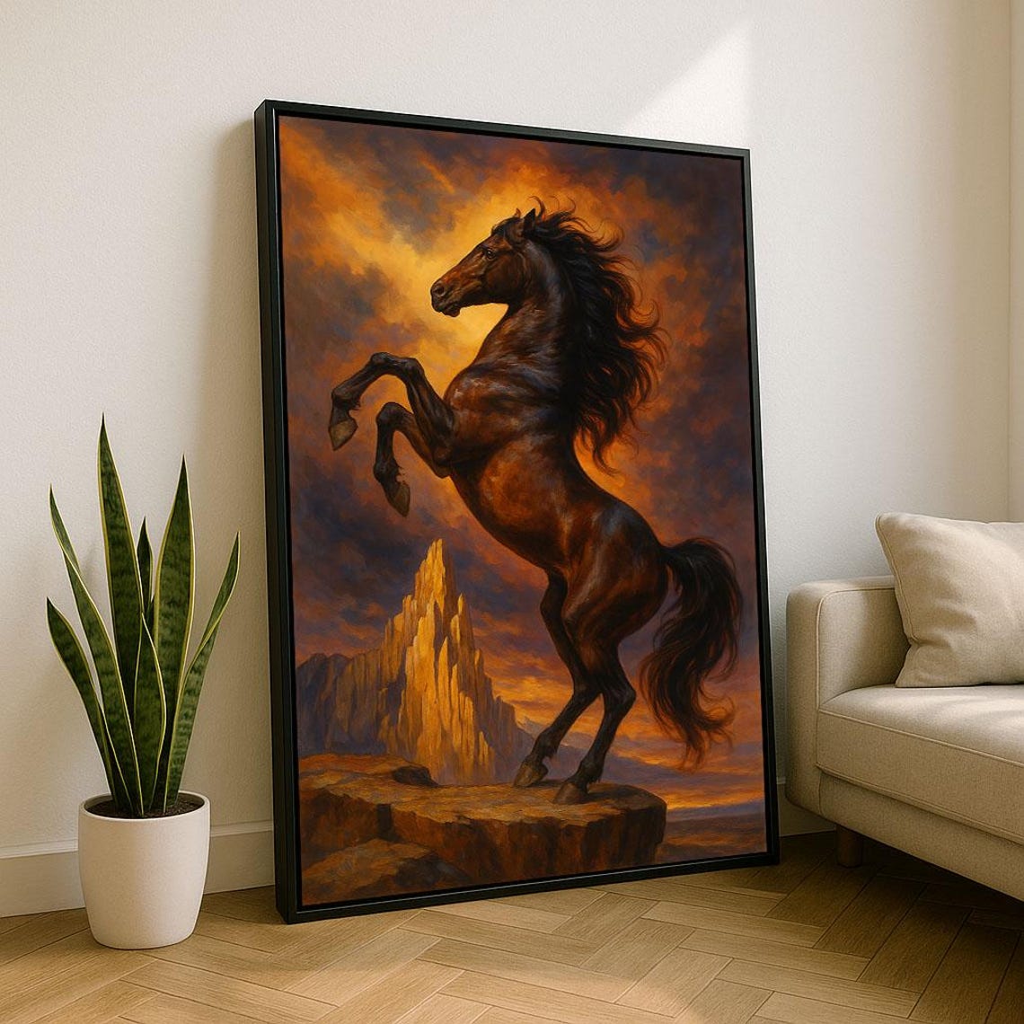 Majestic Wild Horse Rearing At Sunset Dramatic Equine Art Poster