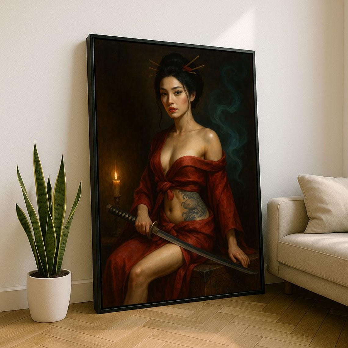 Tattooed Japanese Woman In Red Silk Robe With Katana Sword Poster
