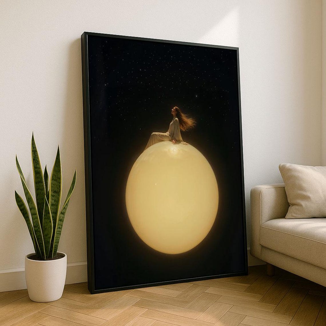 Dreamy Woman Sitting On Glowing Full Moon Starry Night Poster