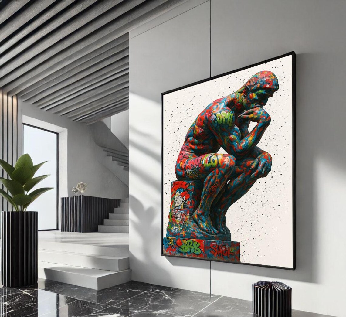 The Thinker Statue Covered In Vibrant Graffiti Street Art Poster