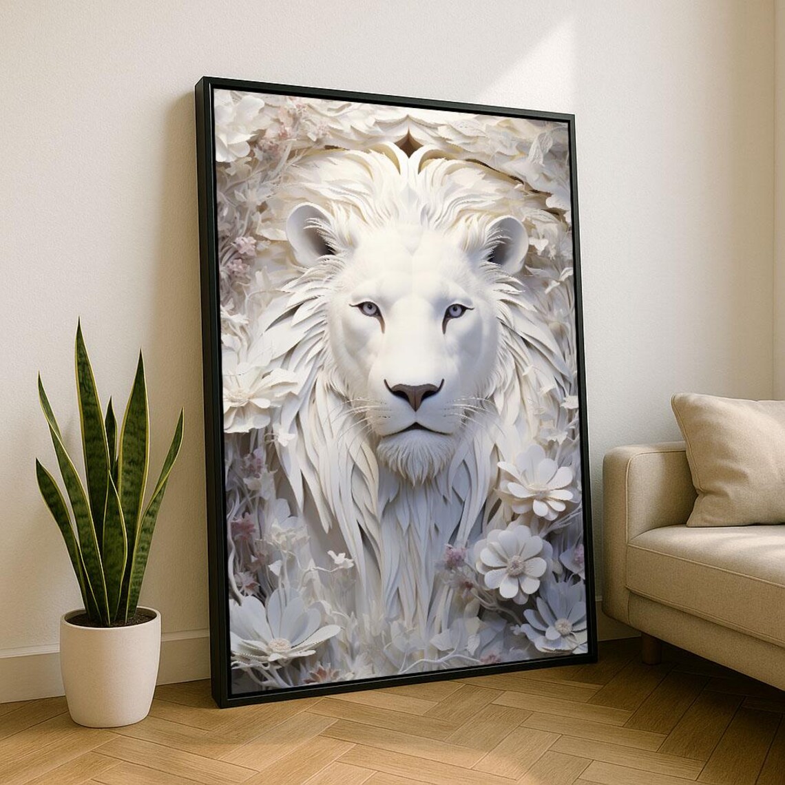 White Lion Portrait in White Flowers Elegant Monochrome Animal Poster