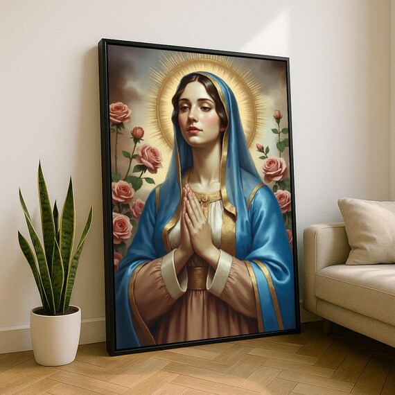 Virgin Mary Praying In Blue Veil With Roses Religious Wall Art