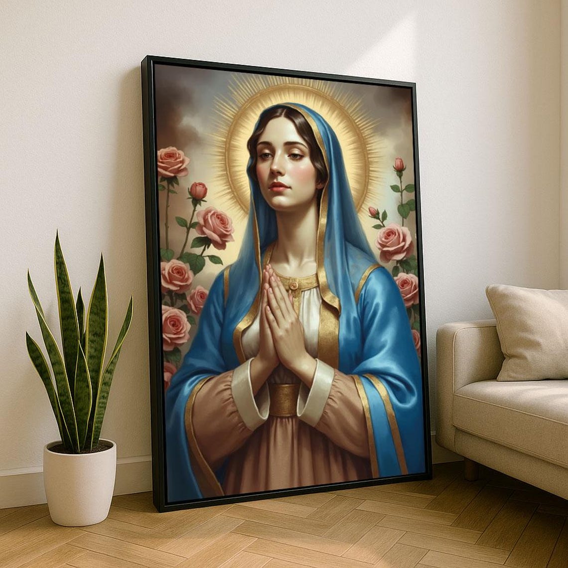Virgin Mary Praying In Blue Veil With Roses Religious Wall Art