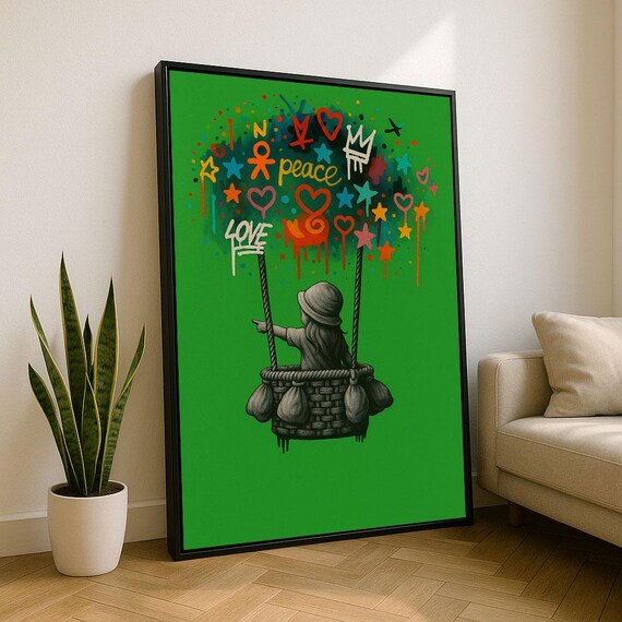 Playful Child Hot Air Balloon Graffiti Love Peace Street Art Poster