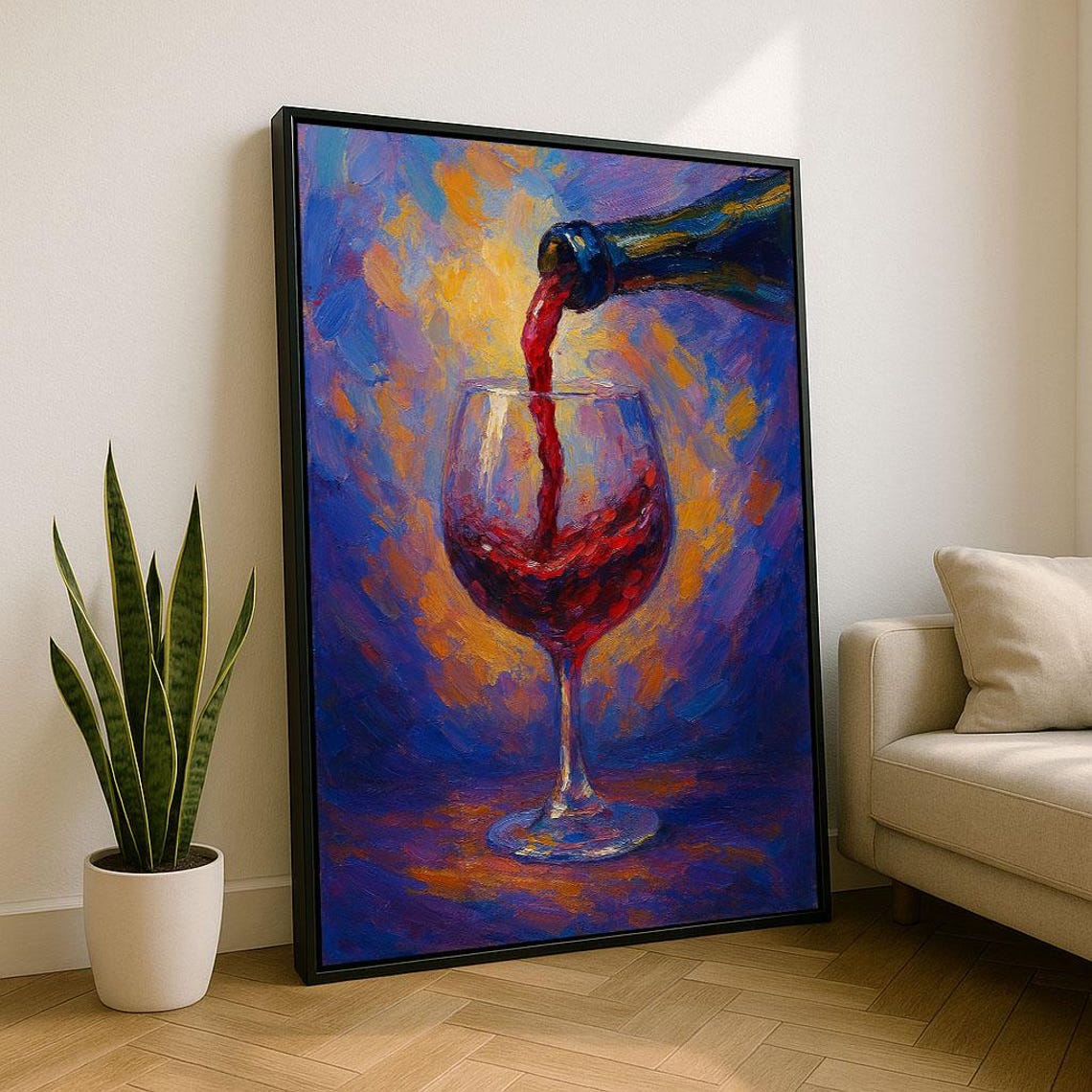 Elegant Wine Pouring Impressionist Red Wine Glass Art Poster