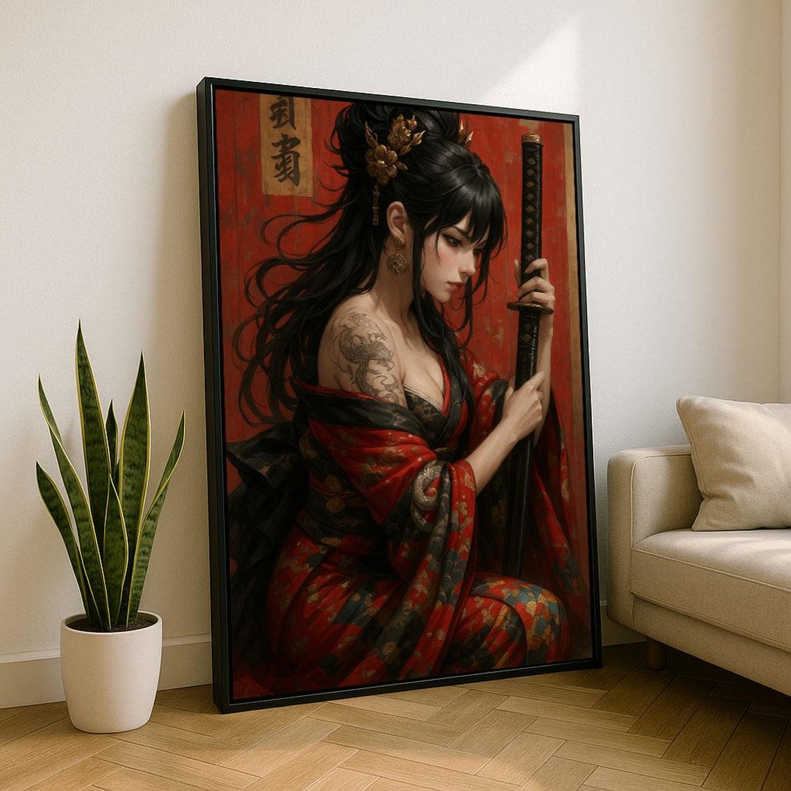 Samurai Woman In Red Kimono Holding Katana Tattooed Wall Art