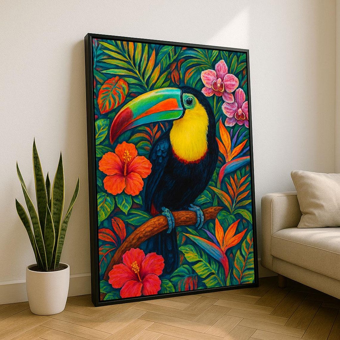 Vibrant Toucan In Tropical Jungle Hibiscus Orchid Art Poster