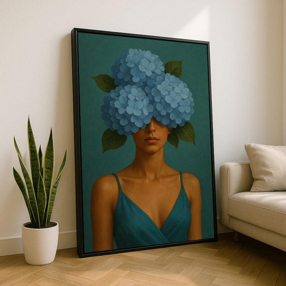 Elegant Woman With Blue Hydrangeas Canvas Wall Art Print Boho Living Room Decor Statement Piece
