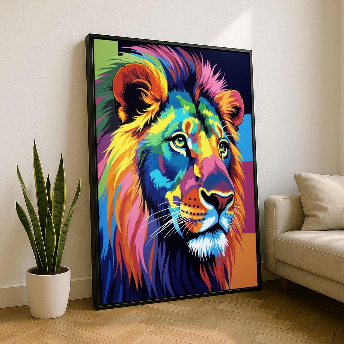 Vibrant Lion Portrait Canvas Wall Art Print Bold Pop Living Room Decor Statement Piece