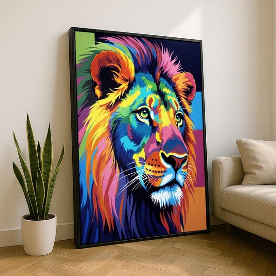 Vibrant Lion Portrait Canvas Wall Art Print Bold Pop Living Room Decor Statement Piece