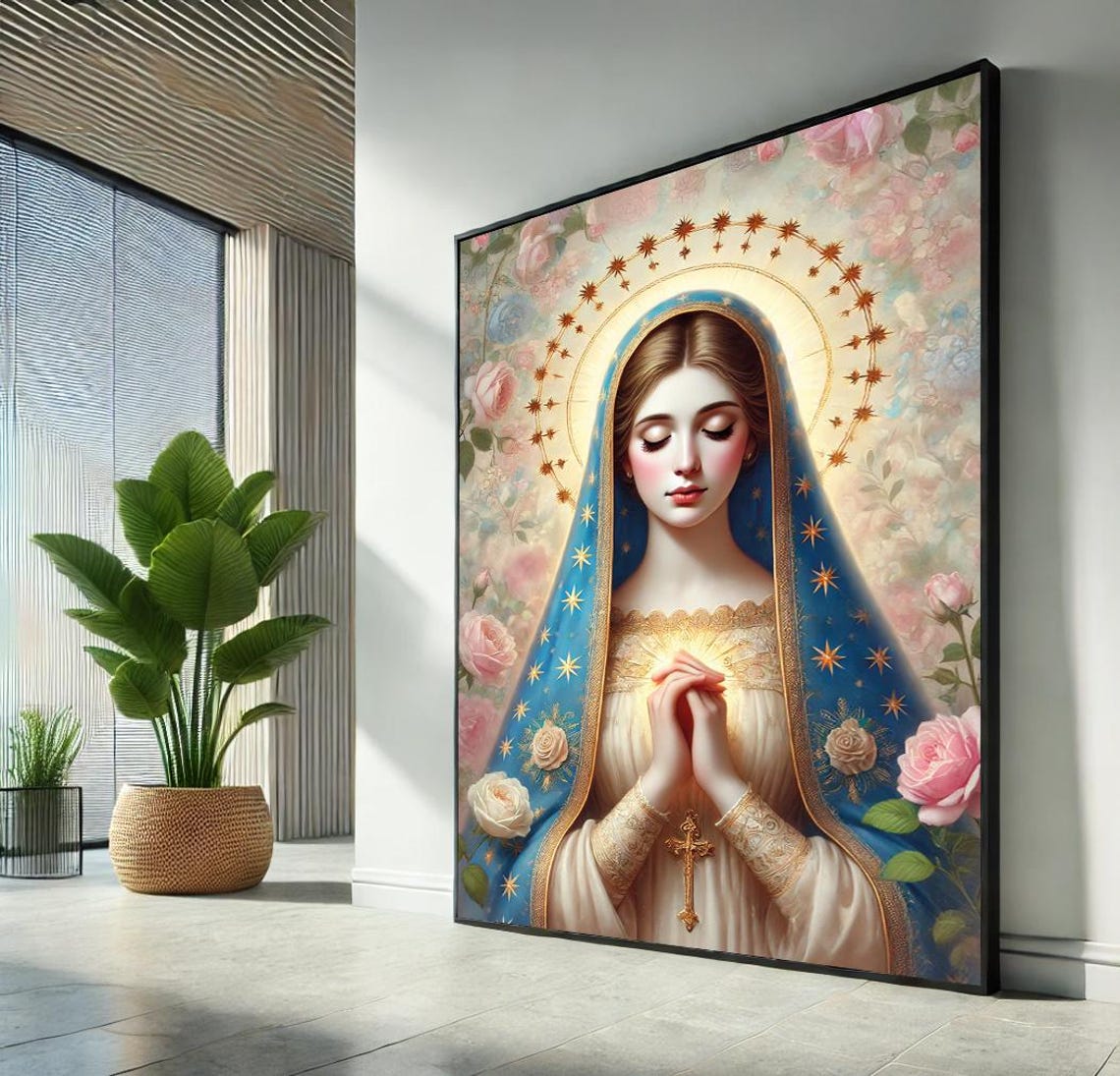 Virgin Mary Starry Blue Veil Golden Halo Roses Catholic Art Poster