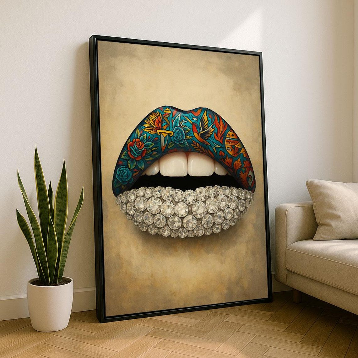 Colorful Floral Tattoo Lips Diamond Studded Pop Art Beauty Poster