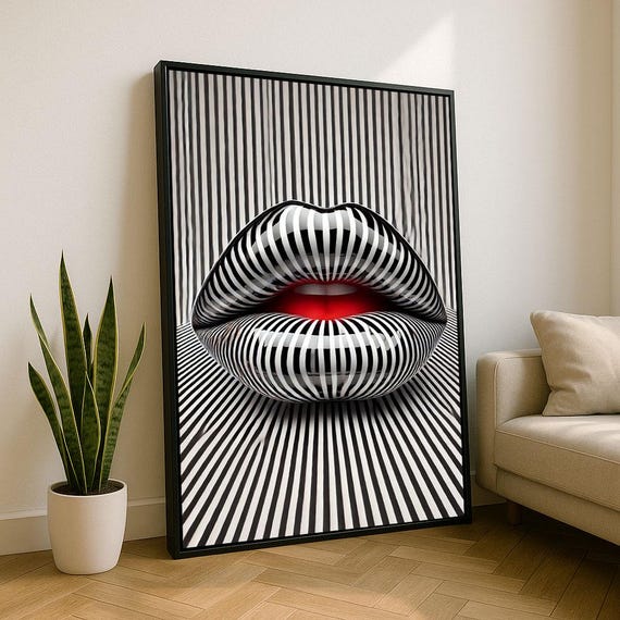 Bold Op Art Lips Canvas Wall Print Black And White Living Room Decor Statement Piece