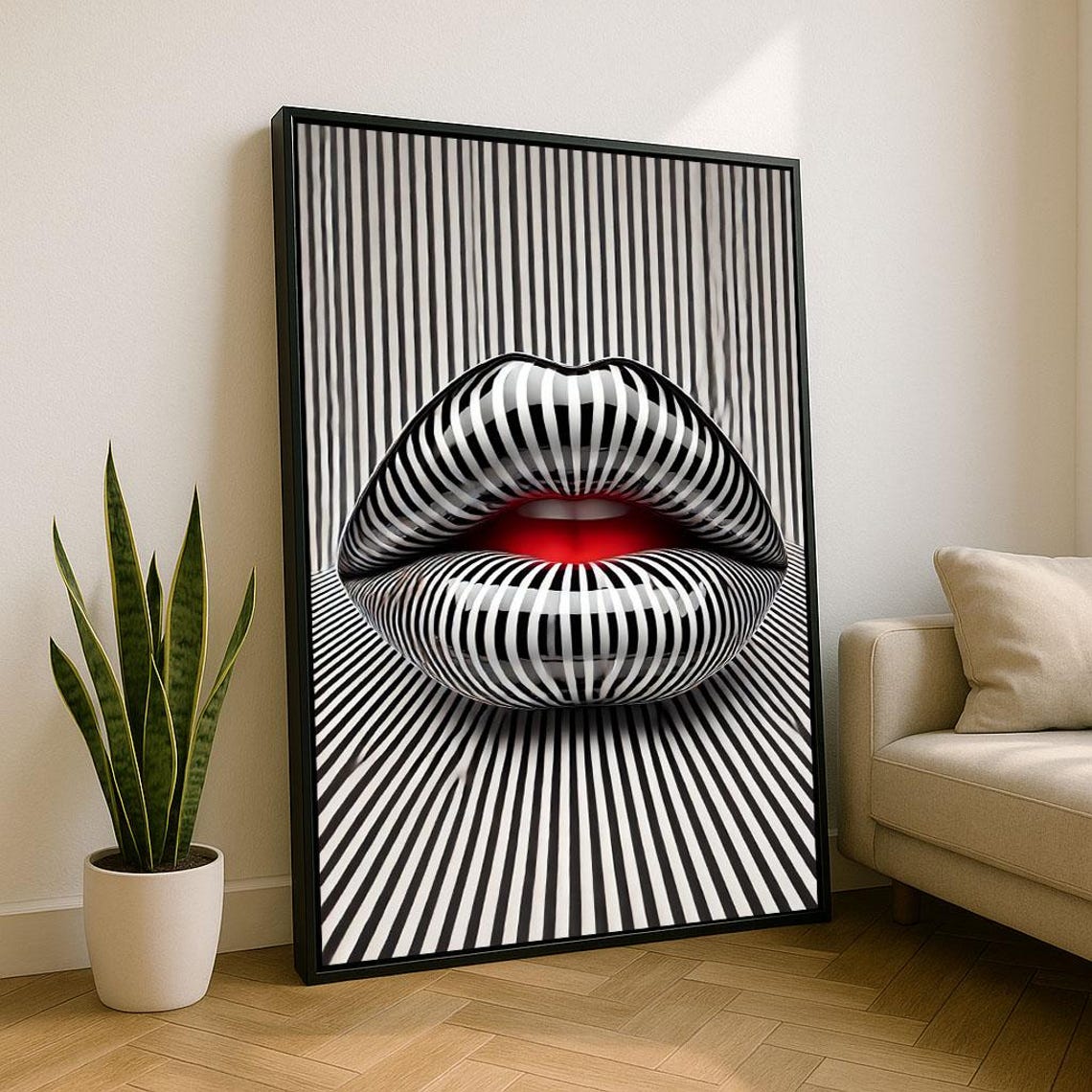 Striped Lips Optical Illusion Radiating Black White 3D Art Poster