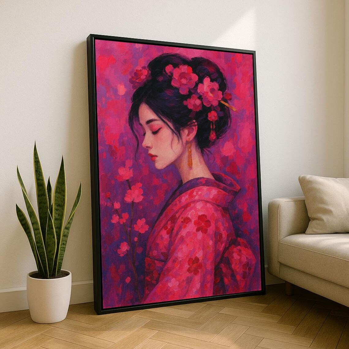Japanese Woman In Floral Kimono Among Cherry Blossoms Art Poster