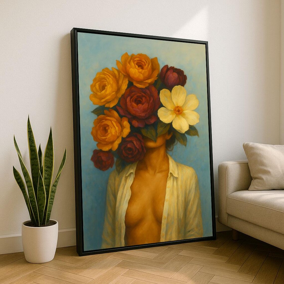 Surreal Woman With Rose Bouquet Head Portrait Blue Sky Poster