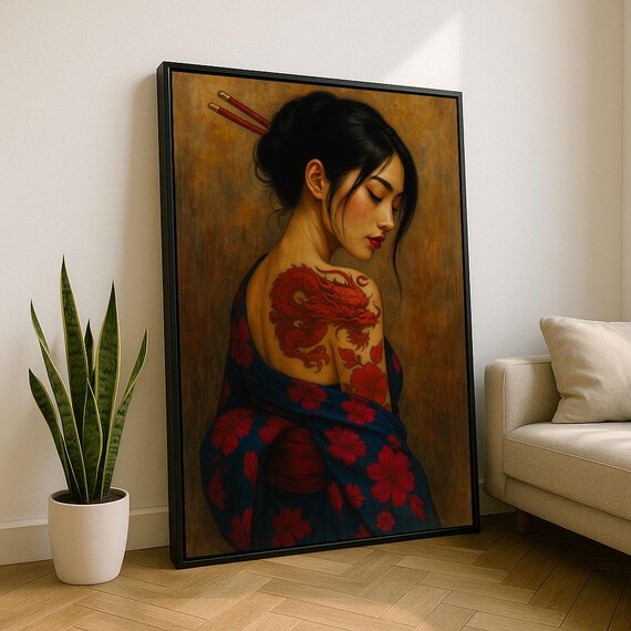 Elegant Asian Woman With Dragon Tattoo Canvas Wall Art Print Boho Living Room Decor Statement Piece
