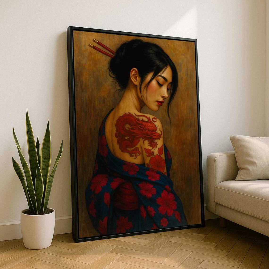 Asian Woman Red Dragon Tattoo Floral Kimono Boho Portrait Poster