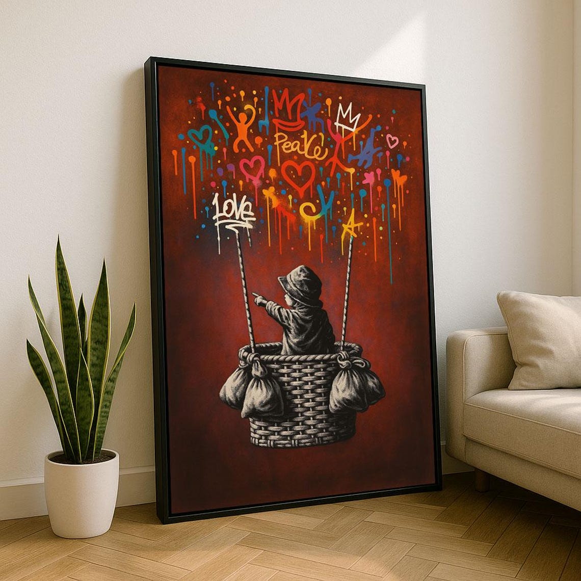 Child In Hot Air Balloon Graffiti Doodle Street Art Red Poster