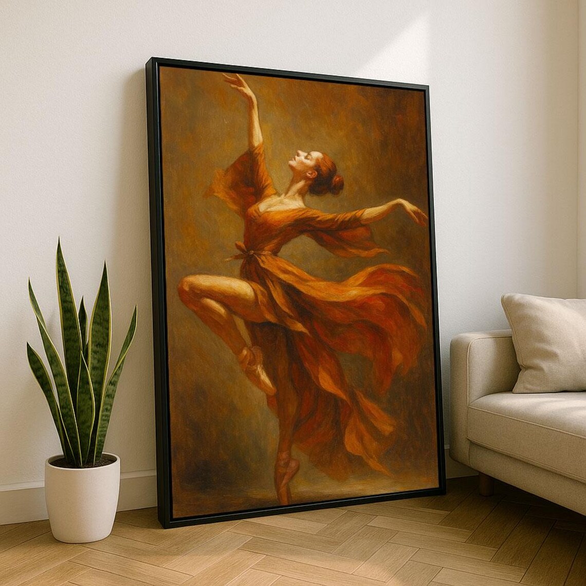Ballerina in Rust Orange Gown Reaching Upward Warm Amber Glow Dance Poster
