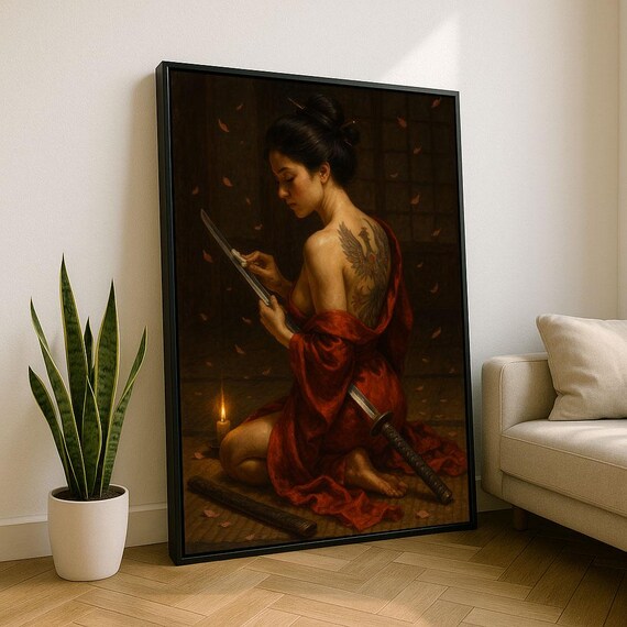 Captivating Samurai Woman Portrait Canvas Wall Art Print Elegant Living Room Decor Statement Piece