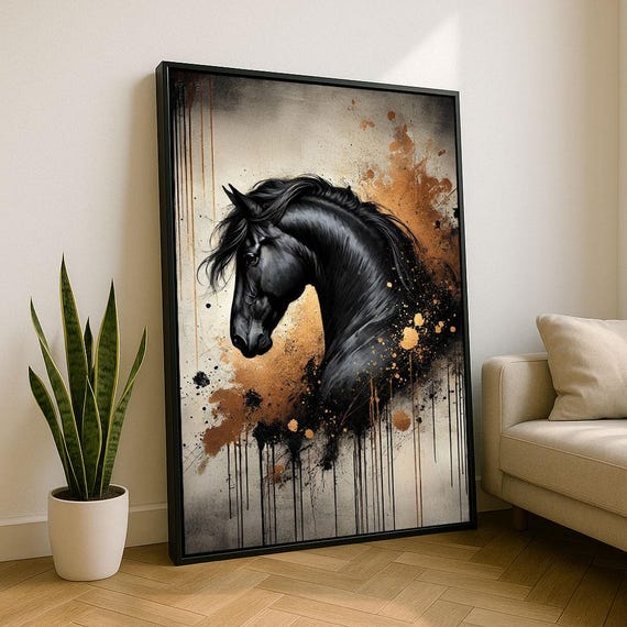 Majestic Black Horse Abstract Canvas Wall Art Print Bold Living Room Decor Statement Piece