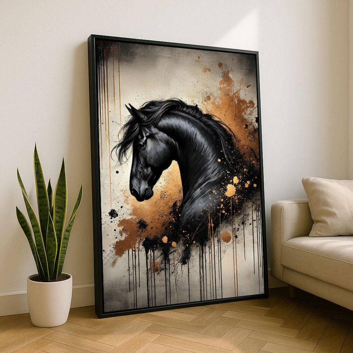 Majestic Black Horse Portrait With Gold Splatter Abstract Art Poster