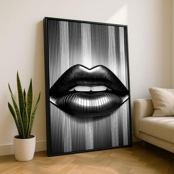 Bold Black Lips Modern Canvas Wall Art Print Monochrome Living Room Decor Statement Piece