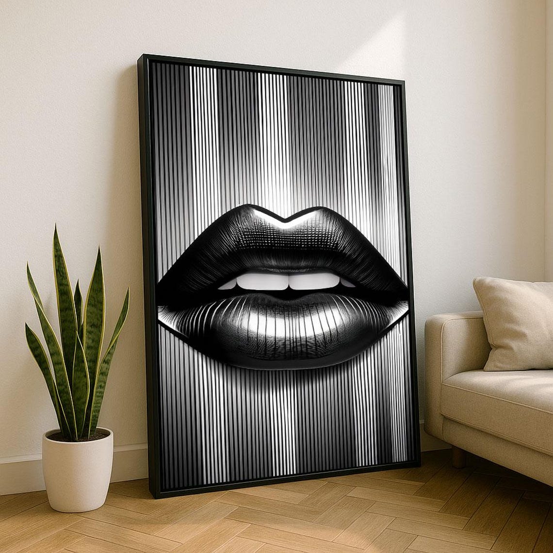 Bold Black Lips Poster On Black White Pinstripe Pop Art Backdrop