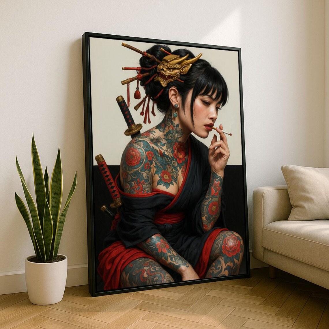Tattooed Geisha With Katana Demon Mask Hairpin Red Kimono Poster