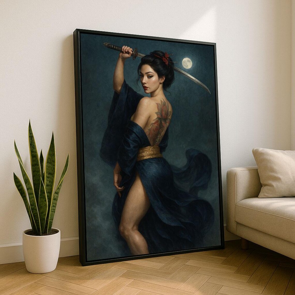 Mystical Samurai Woman Canvas Wall Art Print Dark Blue Living Room Decor Statement Piece
