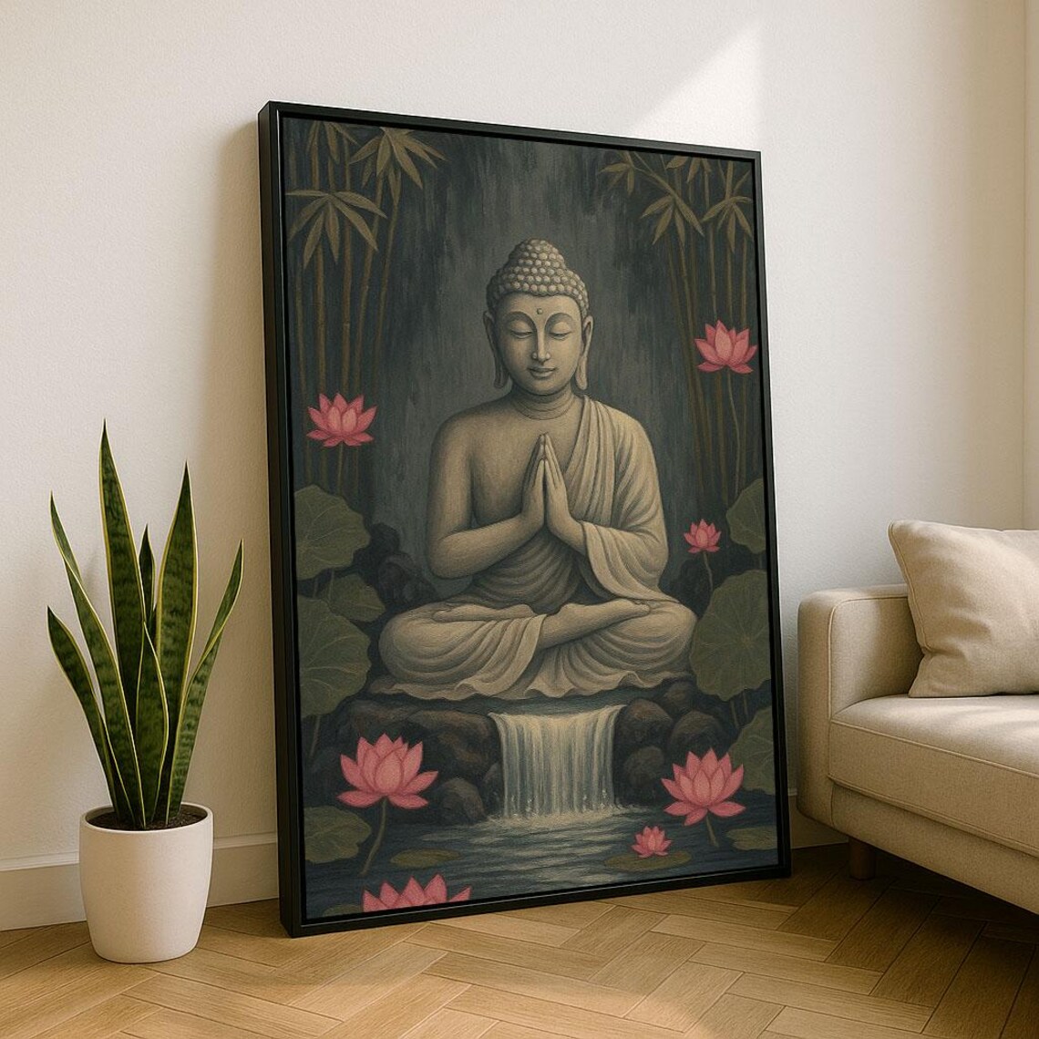 Buddha Meditating By Waterfall With Lotus Flowers Zen Art Poster
