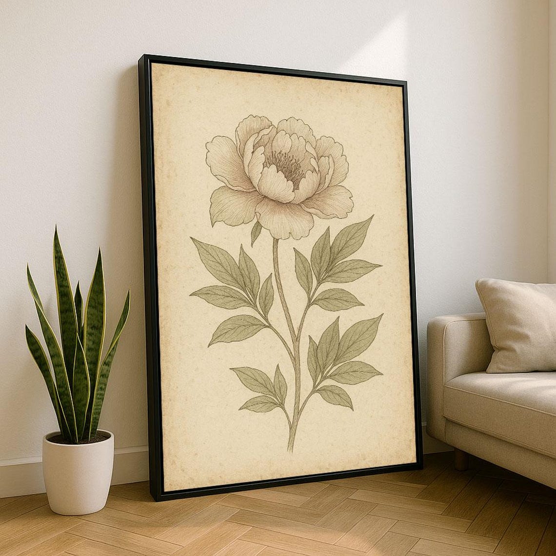 Vintage Peony Flower Botanical Sketch Sepia Neutral Botanical Poster