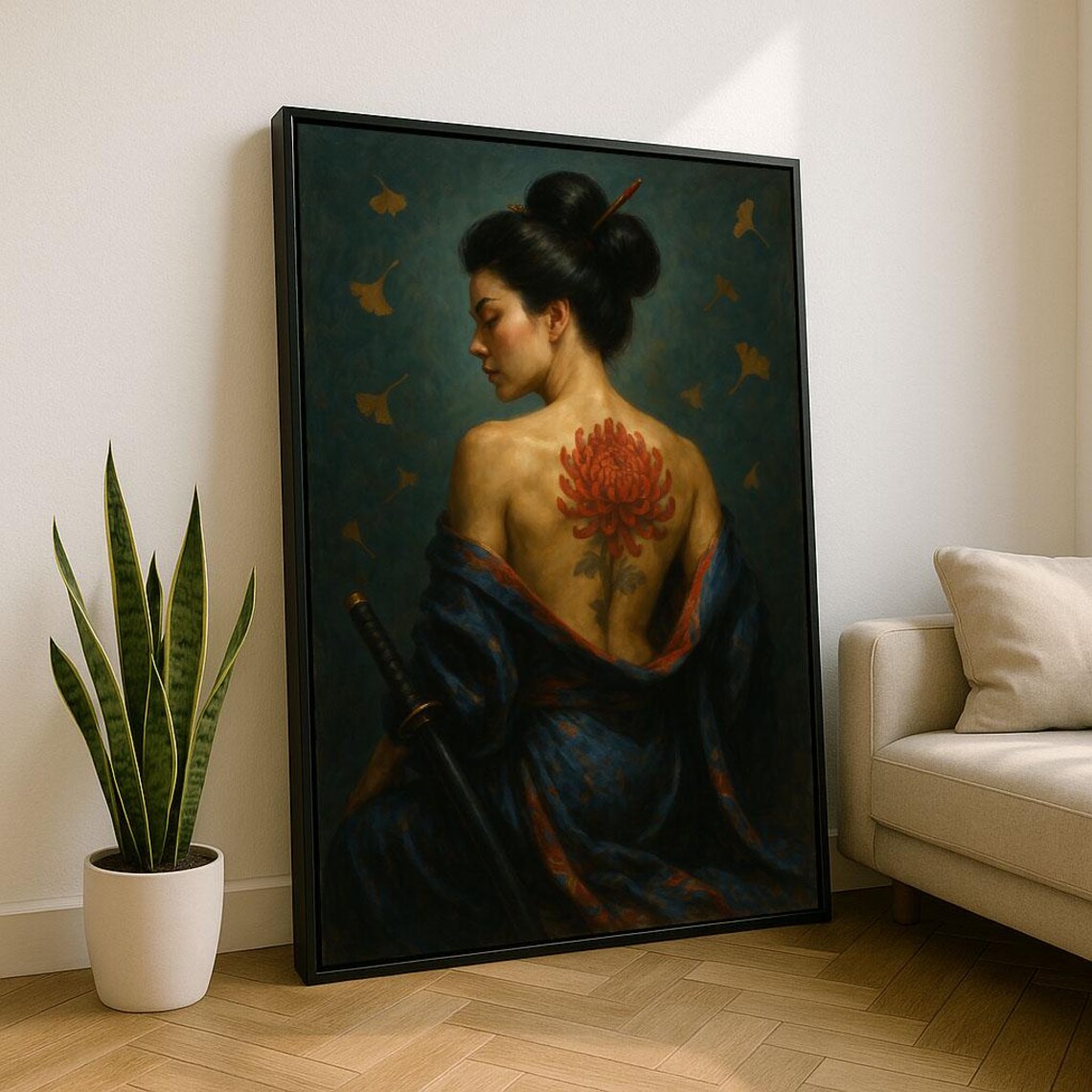 Japanese Woman Chrysanthemum Back Tattoo Kimono Ginkgo Leaves Poster